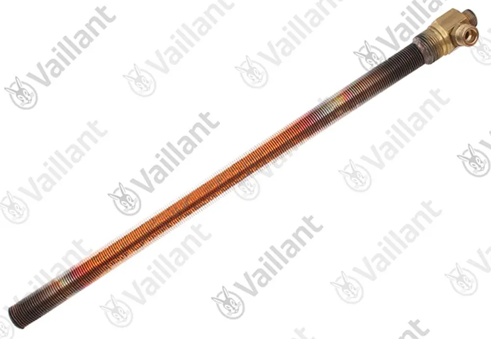 Vaillant Wärmetauscher mit gewendeltem Rohr und metallischem Anschluss. Das Rohr hat eine Länge und ist für Heizungsanlagen konzipiert.